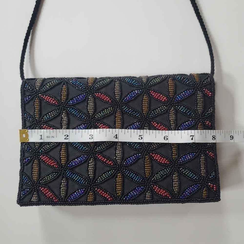 Beaded Geometric Pattern Dressy Purse Evening Bag Black and Jewel Tones. - Picture 9 of 10